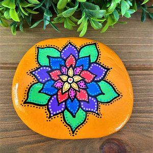 NEW Hand Painted Lotus Flower Mandala Stone